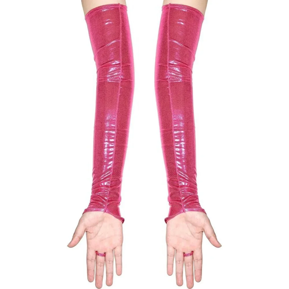 Women's Rose Shiny Elastic Satin Rave Fingerless Long Gloves Party Costume